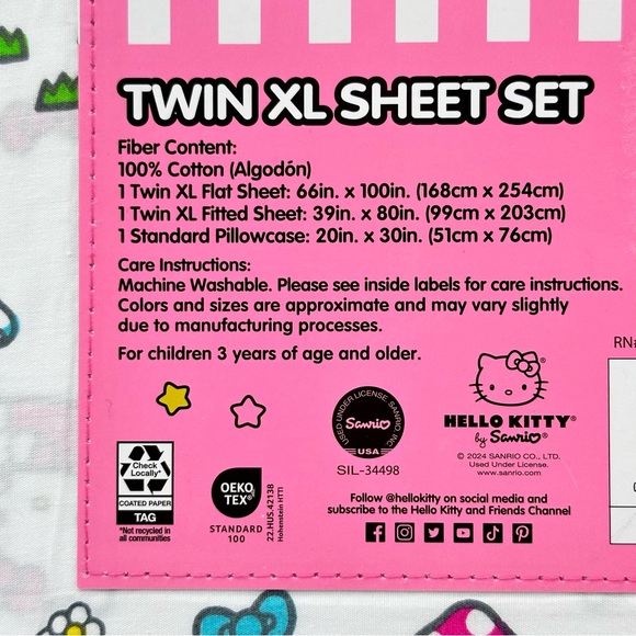 Sanrio Hello Kitty Twin XL Sheet Set (HK Bow and Mushroom) - Picture 4 of 6